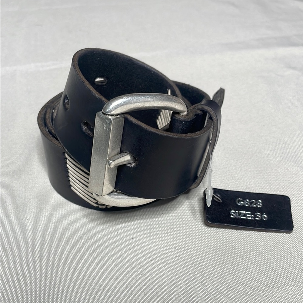 Black Leather Belt with Silver Buckle - Picture 1 of 5